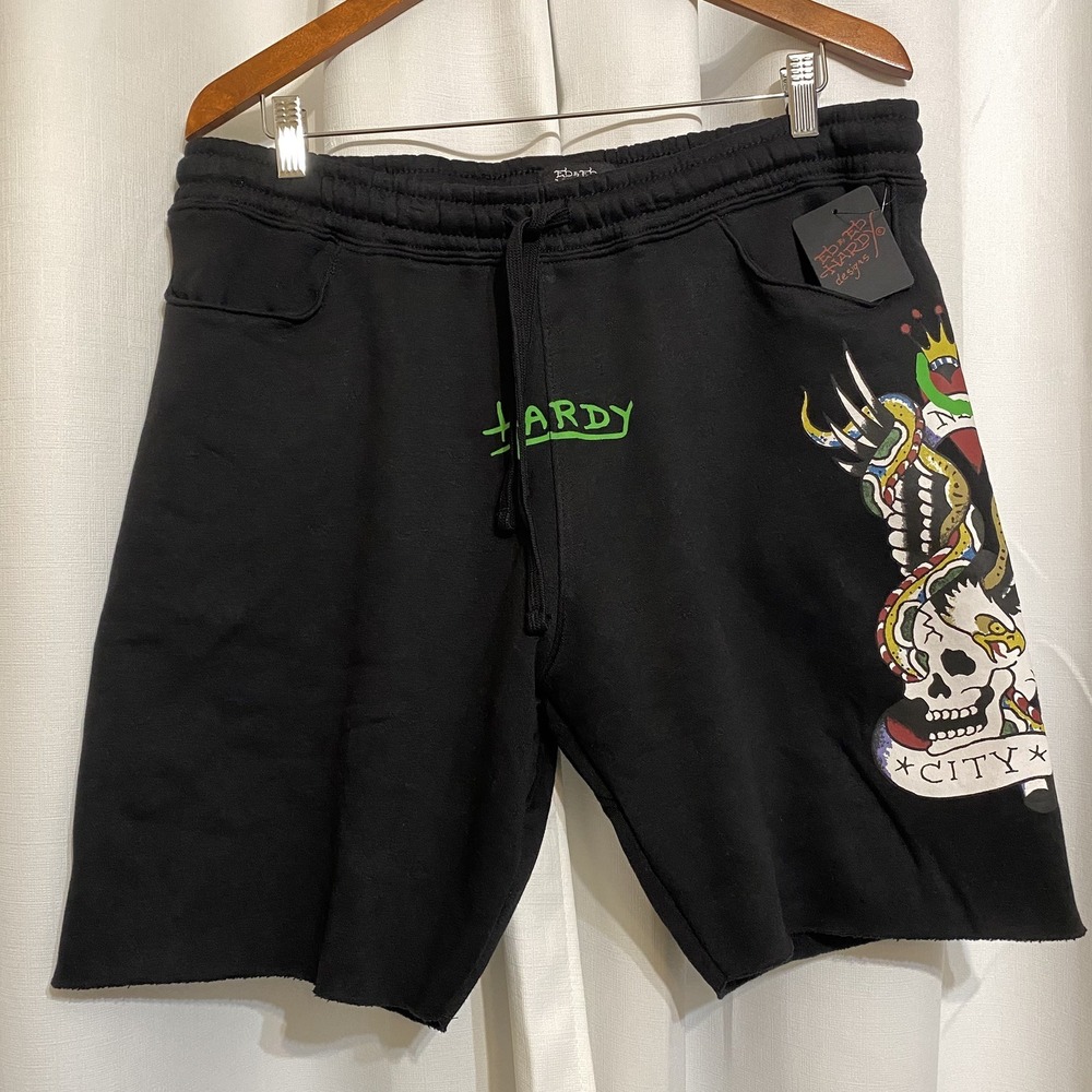 Ed Hardy Black Fleece‎ Eagle Skull Snake Tattoo Large Mens Sweat Shorts NWT Y2K